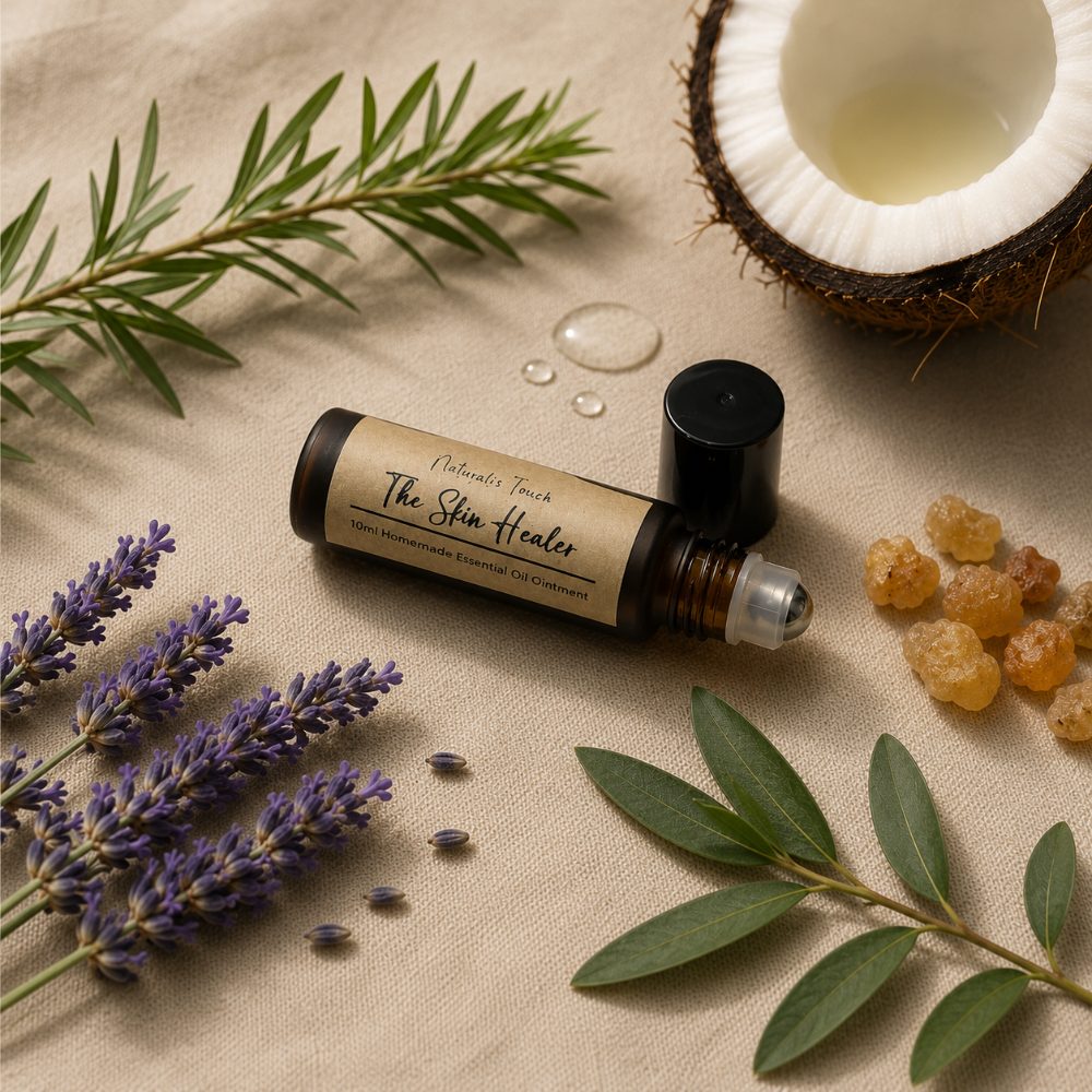 A Naturalis Touch roller among lavender, eucalyptus, and frankincense